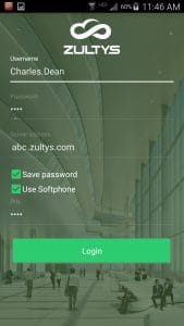 Zultys Mobile - Login Screen
