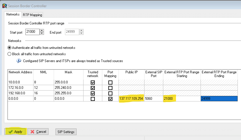 Zultys SBC configuration - mapping