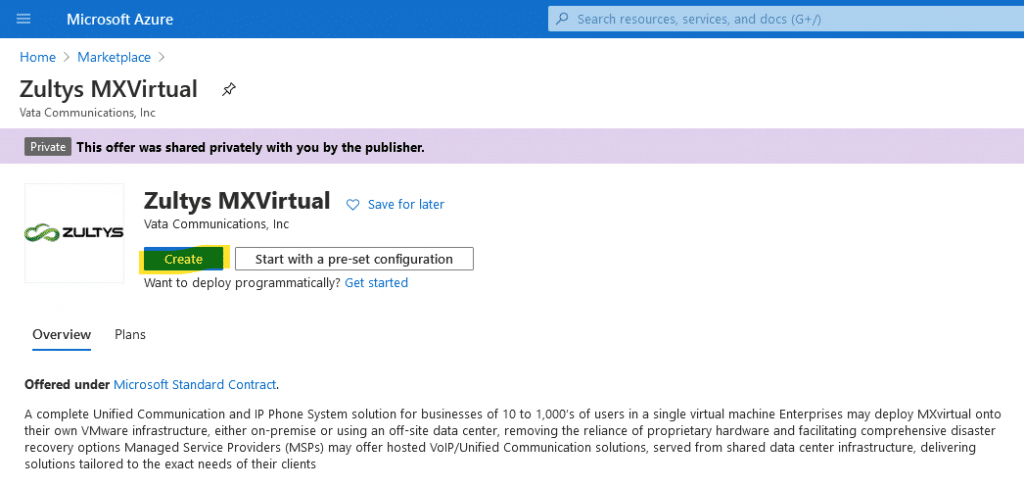 Azure marketplace - create Zultys MXVirtual virtual machine