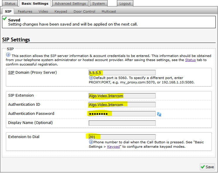 Algo SIP settings